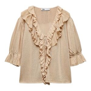 Zara Tan Ruffle Blouse with Puffed Sleeves M